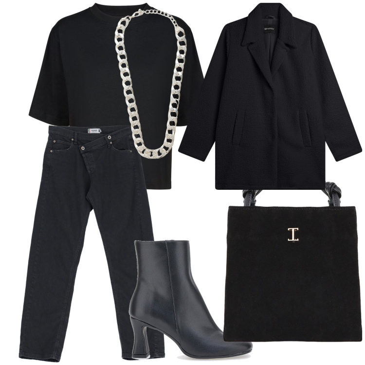 Outfit donna - Col jeans nero gli impegni del giorno. Stile Urban per Tutti i giorni. Abbinamento con collane, jeans, shopping bag, cappotti, stivaletti, t-shirt.