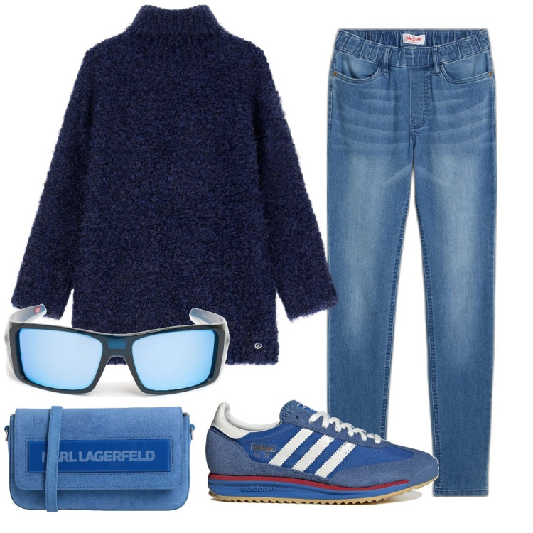 Outfit donna - Blu. Stile Casual per Tutti i giorni. Abbinamento con jeggings, borse a tracolla, maglieria, sneakers, occhiali da sole.