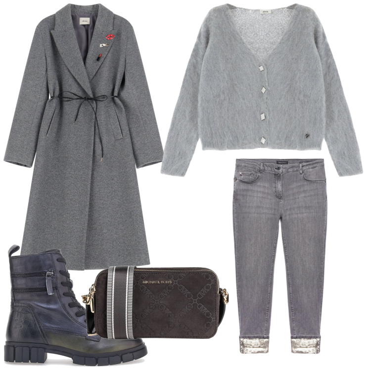 Outfit donna - Easy grey. Stile Casual per Tutti i giorni. Abbinamento con borse a tracolla, cardigans, cappotti, anfibi, jeans skinny.