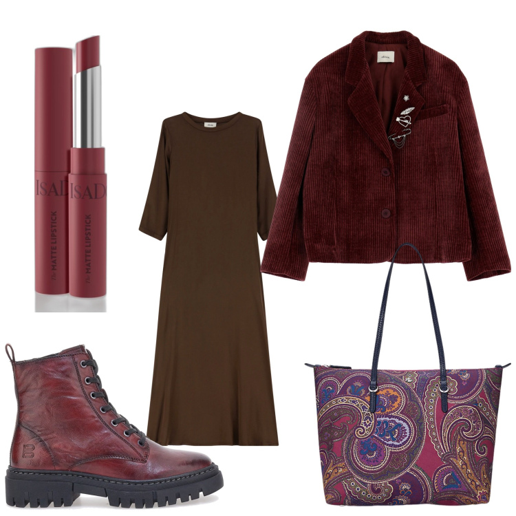 Outfit donna - Cioccolato e borgogna. Stile Casual chic per Ufficio. Abbinamento con rossetti, vestiti, blazer, borse tote, anfibi.