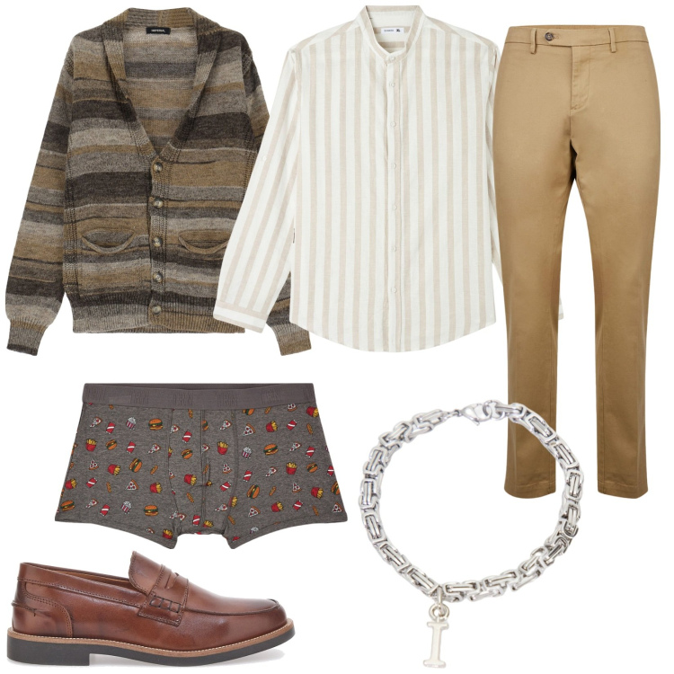 Outfit uomo - Pattern geometrici. Stile Casual per Ufficio. Abbinamento con camicie, boxer, cardigans, braccialetti, pantaloni chino, scarpe stringate.