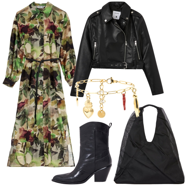 Outfit donna - Boho biker. Stile Boho per Serata fuori. Abbinamento con giacche, stivaletti texani, vestiti lunghi, braccialetti, shopping bag.