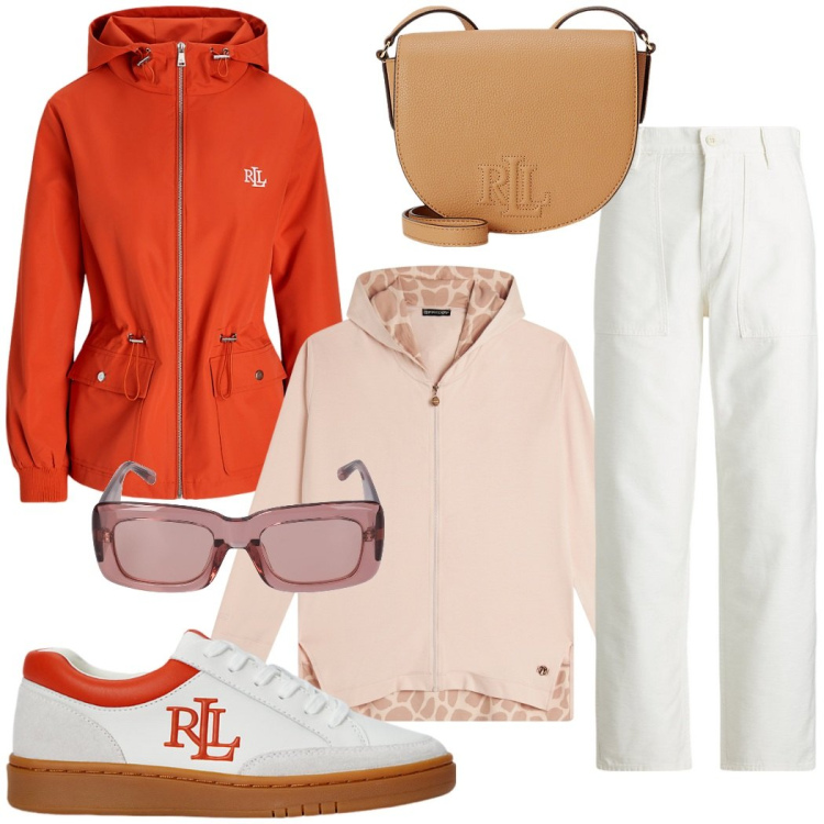 Outfit donna - Passeggiata al mare. Stile Sporty chic per Tutti i giorni. Abbinamento con felpe con cappuccio, borse a tracolla, pantaloni, blazer, sneakers, occhiali da sole.