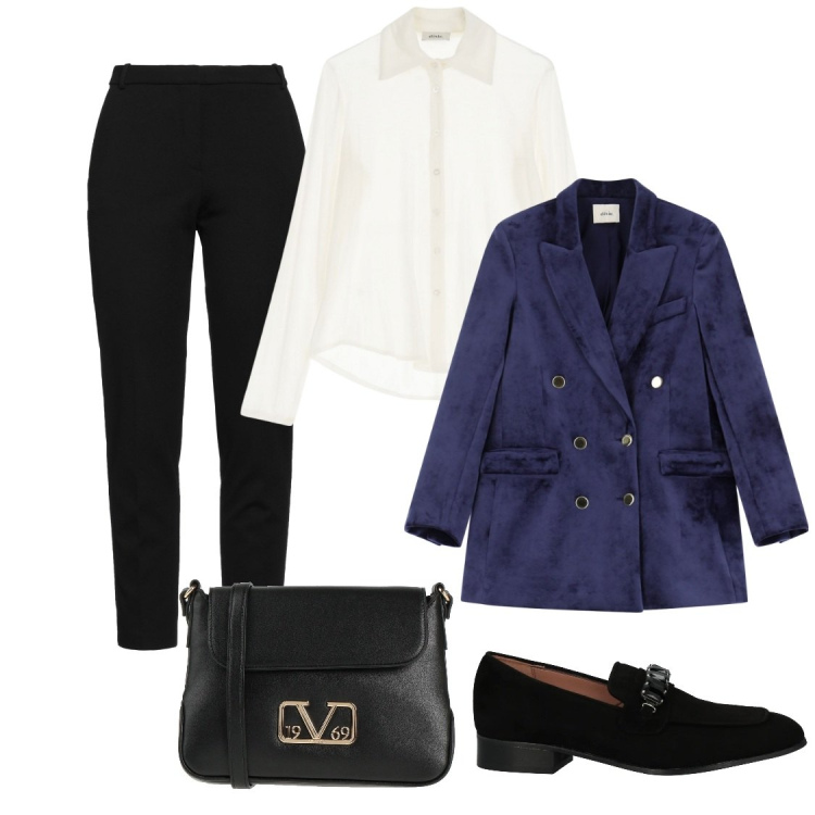 Outfit donna - Giacca Blue. Stile Casual chic per Ufficio. Abbinamento con mocassini, pantaloni skinny, borse a tracolla, camicie, blazer.