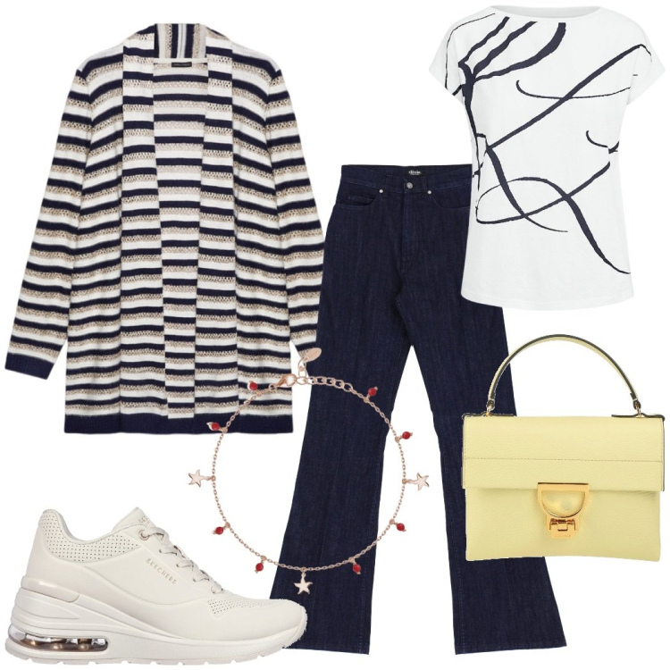 Outfit donna - Fine settimana. Stile Casual chic per Tutti i giorni. Abbinamento con borse a mano, braccialetti con ciondoli, jeans, maglieria, sneakers, cardigans.