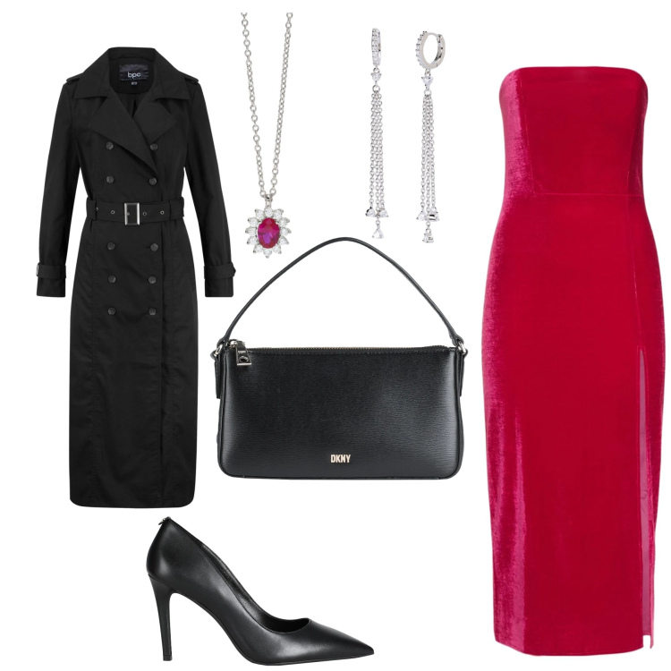 Outfit donna - Total look #2062199. Stile Romantica per Serata fuori. Abbinamento con trench, décolleté, borse a mano, orecchini, collane, vestiti midi/longuette.