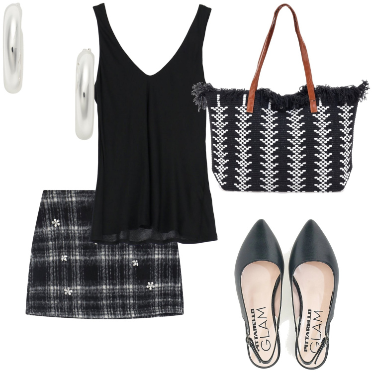 Outfit donna - Romanticismo glam and Girlish. Stile Preppy per Tutti i giorni. Abbinamento con top, minigonne, orecchini, ballerine, borse a spalla.