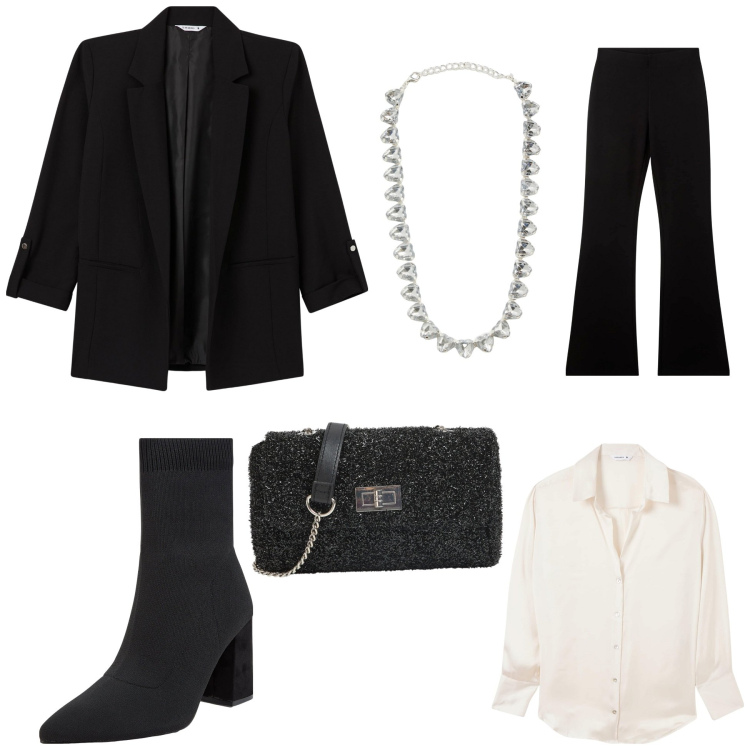 Outfit donna - Total look #2062204. Stile Chic per Cerimonia. Abbinamento con blazer, borse a tracolla, collane, camicie, pantaloni, stivaletti.