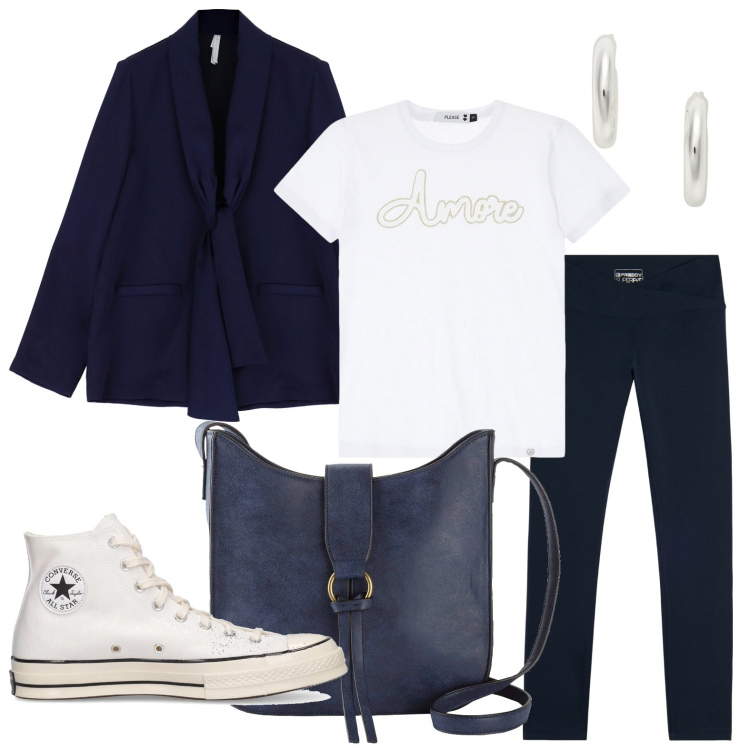 Outfit donna - Il blazer con fiocco. Stile Glamour per Tutti i giorni. Abbinamento con borse a tracolla, pantaloni, t-shirt, blazer, orecchini, sneakers.