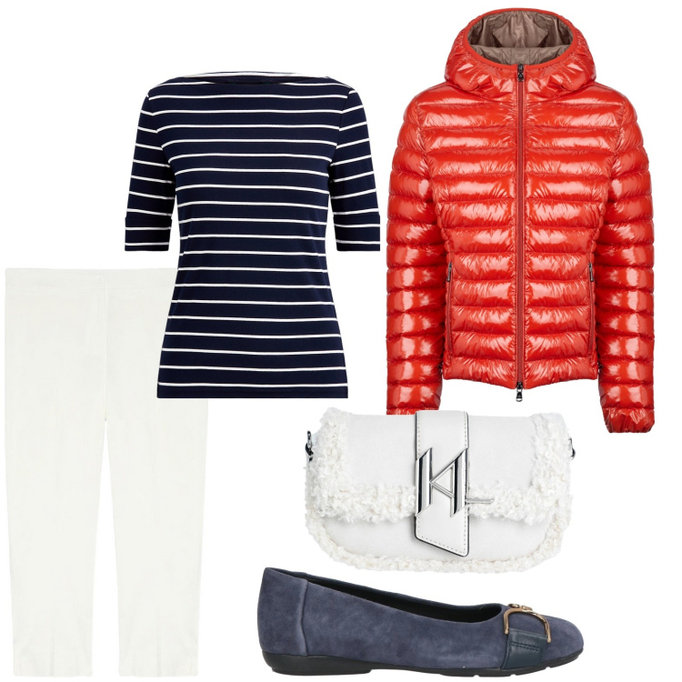 Outfit donna - Righe ipnotiche. Stile Casual per Ufficio. Abbinamento con borse a spalla, ballerine, maglieria, blazer, pantaloni.