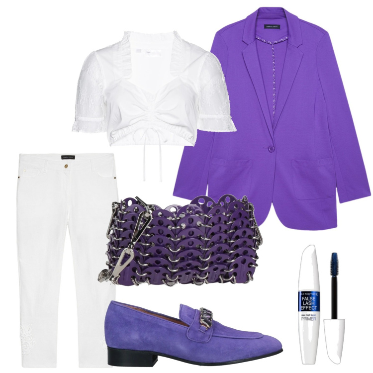 Outfit donna - Il mocassino viola. Stile Basic per Ufficio. Abbinamento con camicie, mocassini, borse a tracolla, primer, blazer, pantaloni skinny.