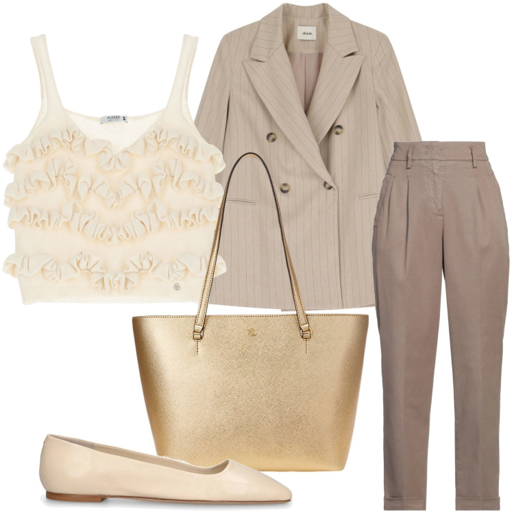 Outfit donna - Il top frou frou. Stile Chic per Ufficio. Abbinamento con pantaloni, top, borse tote, blazer, ballerine.