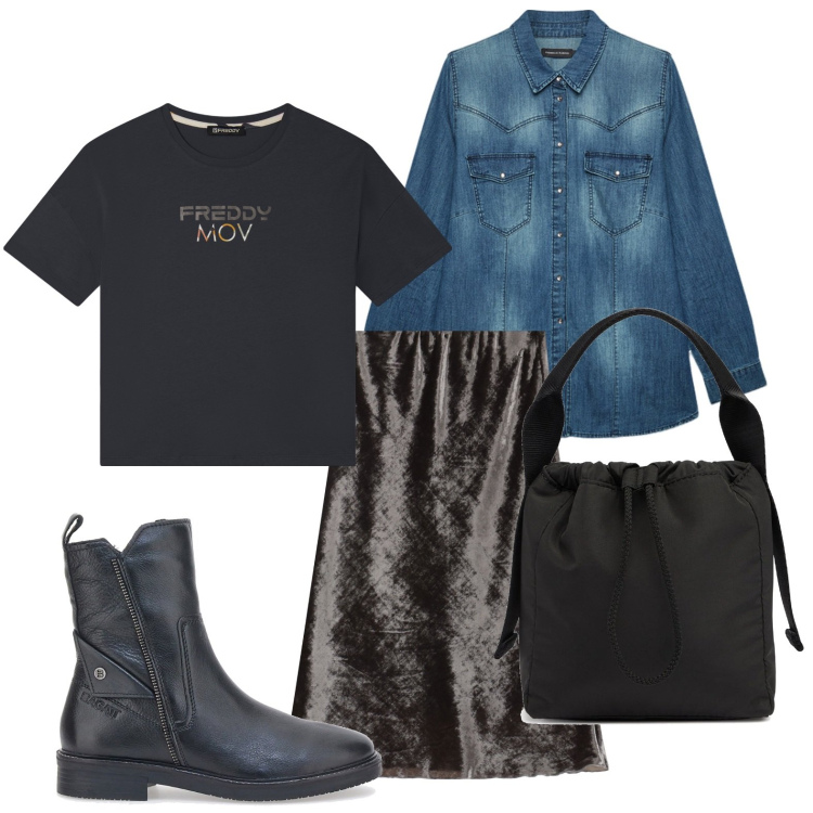 Outfit donna - Camicia in denim. Stile Casual chic per Scuola/Università. Abbinamento con t-shirt, gonne lunghe, stivaletti, camicie, borse a mano.