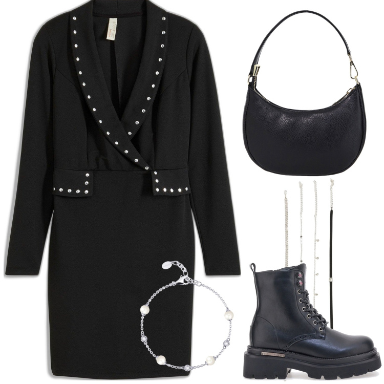 Outfit donna - Black mood. Stile Casual chic per Serata fuori. Abbinamento con vestiti corti, collane, braccialetti, borse a spalla, anfibi.