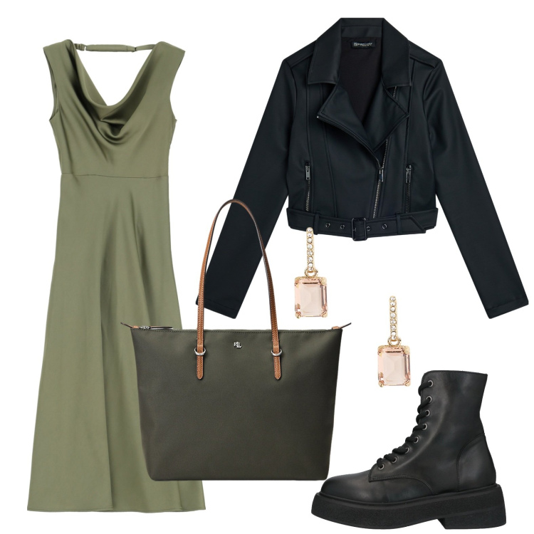 Outfit donna - Military. Stile Military per Scuola/Università. Abbinamento con stivaletti, vestiti asimmetrici, giacche, borse tote, orecchini.