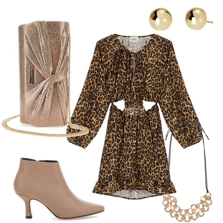Outfit donna - Animalier. Stile Glamour per Serata fuori. Abbinamento con orecchini, vestiti corti, pochette, collane, stivaletti.