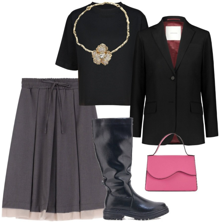 Outfit donna - Il minimal tutto il giorno. Stile Minimal per Ufficio. Abbinamento con borse a tracolla, gonne longuette, collane, blazer, stivali, t-shirt.