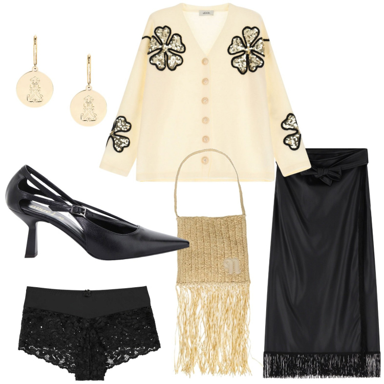 Outfit donna - Una cascata di frange. Stile Romantica per Serata fuori. Abbinamento con culotte, borse a spalla, cardigans, décolleté, gonne longuette, orecchini.