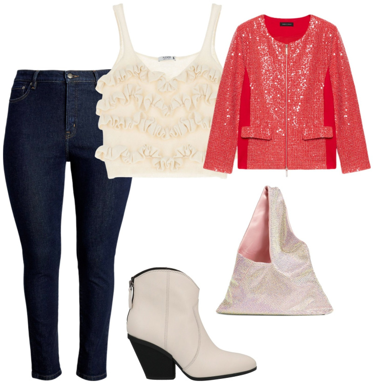 Outfit donna - Mi piace brillare. per Tutti i giorni. Abbinamento con stivaletti texani, top, jeans skinny, blazer, borse a spalla.