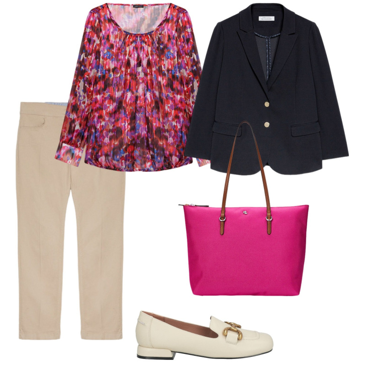 Outfit donna - Di mattina. per Tutti i giorni. Abbinamento con mocassini, borse tote, bluse, blazer, pantaloni.