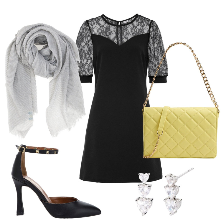 Outfit donna - Tubino con pizzo. Stile Romantica per Serata fuori. Abbinamento con vestiti corti, borse a tracolla, orecchini, décolleté, foulard.