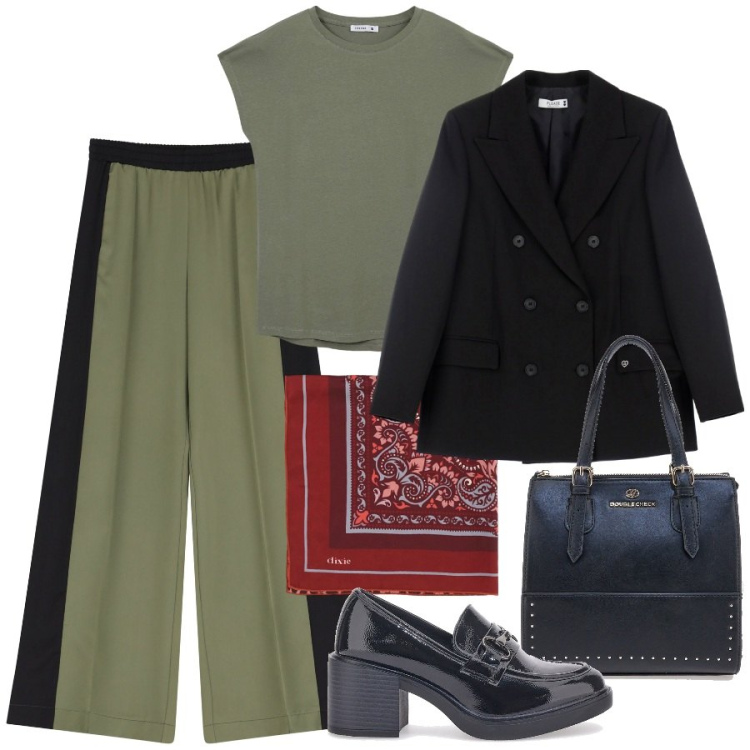 Outfit donna - Glamour. Stile Trendy per Ufficio. Abbinamento con t-shirt, pantaloni, blazer, foulard, mocassini, borse a mano.