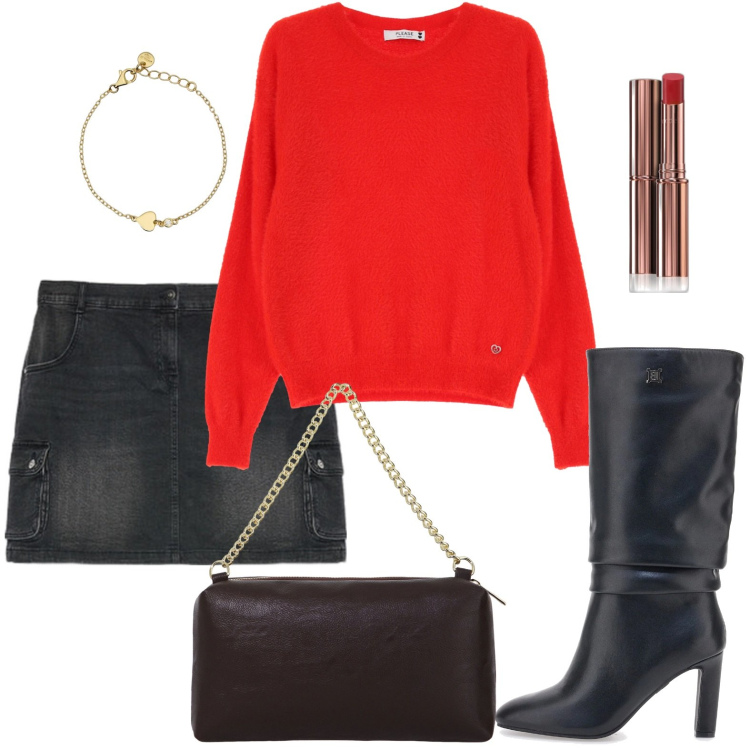 Outfit donna - Mini e stivali. Stile Preppy per Scuola/Università. Abbinamento con rossetti, braccialetti, maglieria, borse a tracolla, stivali, gonne.