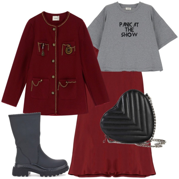 Outfit donna - Borsa a cuore. Stile Urban per Serata fuori. Abbinamento con borse a tracolla, gonne, t-shirt, blazer, stivaletti.
