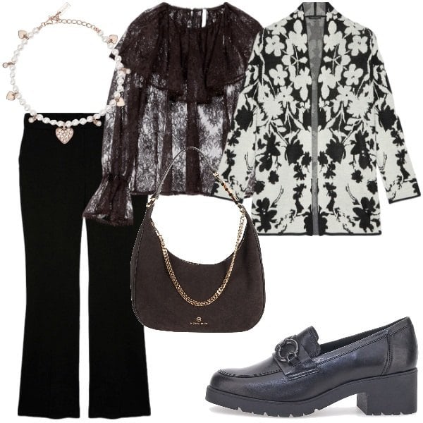 Outfit donna - Serata fuori. Stile Glamour per Serata fuori. Abbinamento con borse a spalla, braccialetti, camicie, mocassini, cardigans, pantaloni.