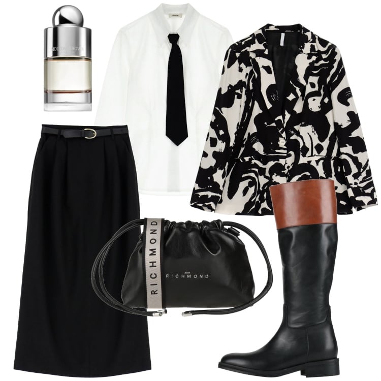 Outfit donna - Febbraio. Stile Urban per Tutti i giorni. Abbinamento con stivali, borse a tracolla, profumi, gonne lunghe, blazer, camicie.