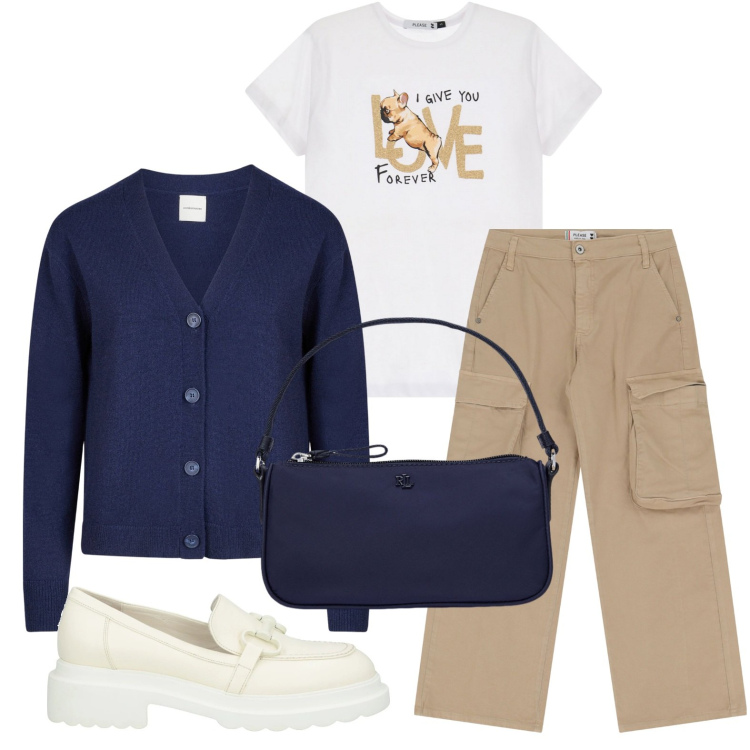 Outfit donna - T-shirt graffitata. Stile Casual per Scuola/Università. Abbinamento con mocassini, pantaloni chino, t-shirt, pochette, cardigans.