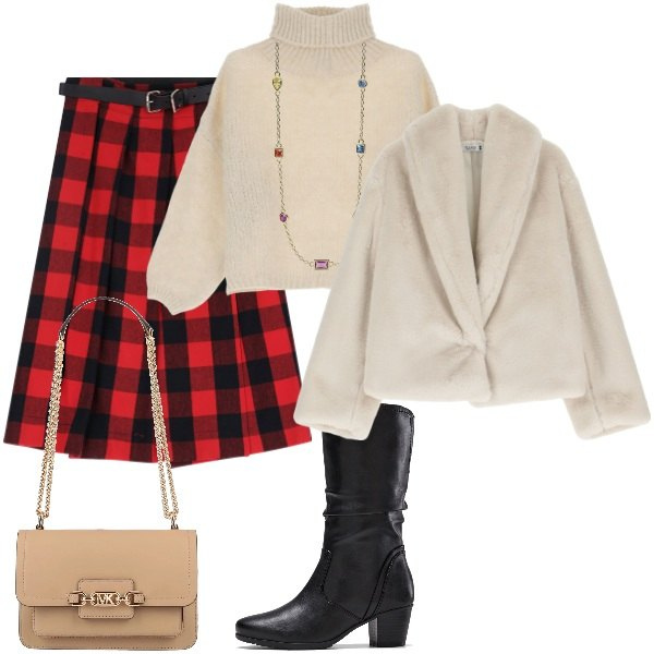 Outfit donna - Serata fuori. Stile Trendy per Serata fuori. Abbinamento con stivali, borse a spalla, collane, maglieria, ecopellicce, gonne.