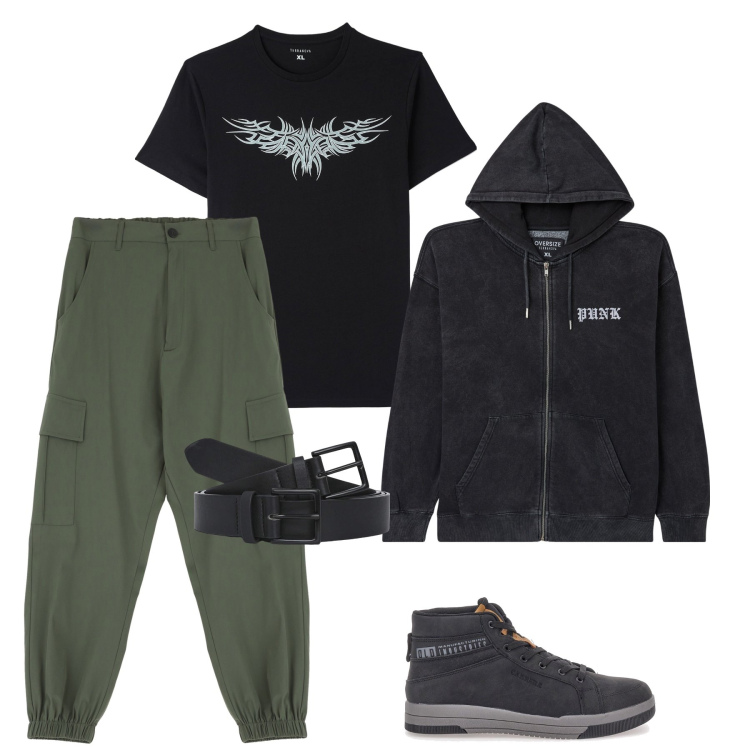 Outfit uomo - Con i cargo. Stile Trendy per Tutti i giorni. Abbinamento con felpe con cappuccio, t-shirt, cinture, pantaloni cargo, sneakers.