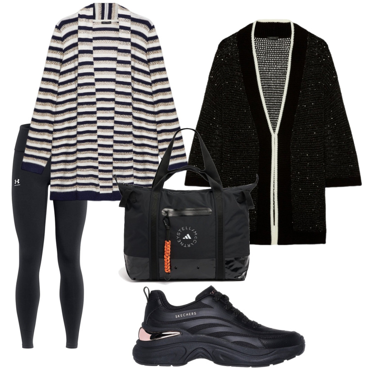 Outfit donna - Sportiva. per Tutti i giorni. Abbinamento con sneakers, cardigans, cardigans, shopping bag, leggings.