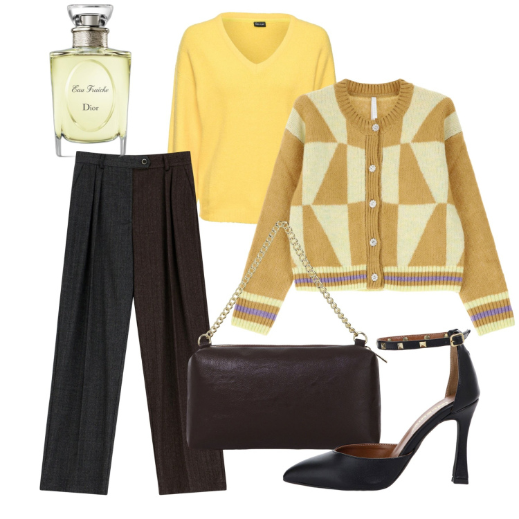 Outfit donna - Febbraio. Stile Chic per Tutti i giorni. Abbinamento con maglieria, profumi, cardigans, décolleté, pantaloni, borse a tracolla.