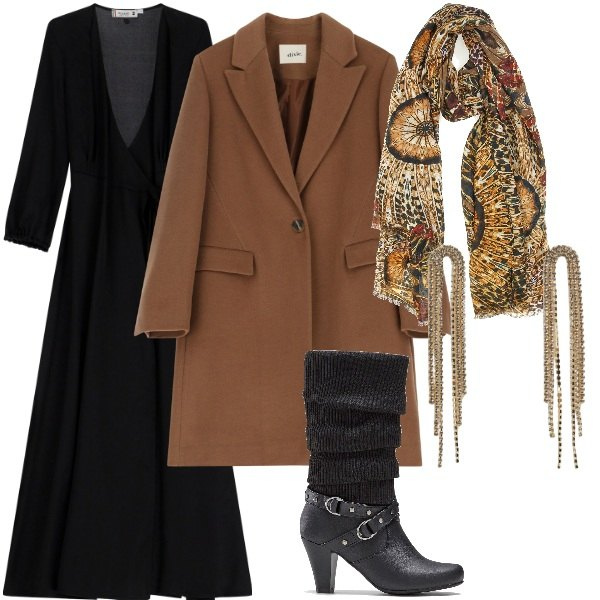 Outfit donna - Serata fuori. Stile Bon Ton per Serata fuori. Abbinamento con stivali, orecchini, vestiti lunghi, cappotti, foulard.