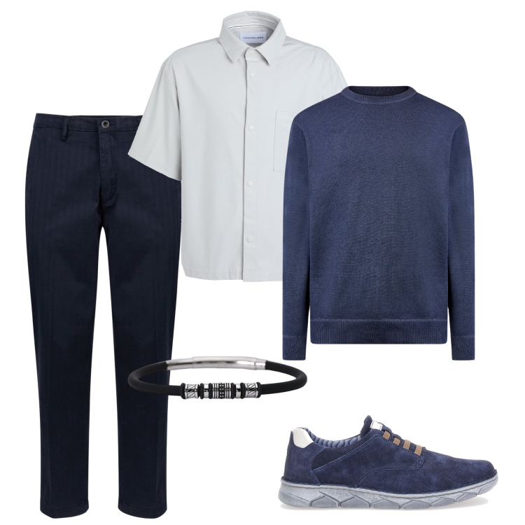Outfit uomo - Casual city. Stile Casual per Ufficio. Abbinamento con camicie a manica corta, braccialetti, maglieria, pantaloni, scarpe stringate.