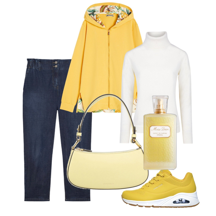 Outfit donna - Febbraio. Stile Urban per Tutti i giorni. Abbinamento con borse a mano, profumi, felpe con cappuccio, maglieria, sneakers, jeans.