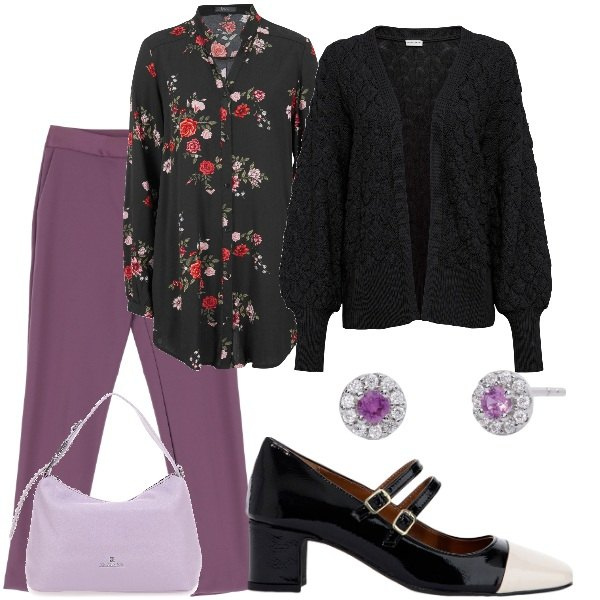 Outfit donna - Serata fuori. Stile Glamour per Serata fuori. Abbinamento con camicie, cardigans, orecchini, décolleté, pantaloni, borse a tracolla.