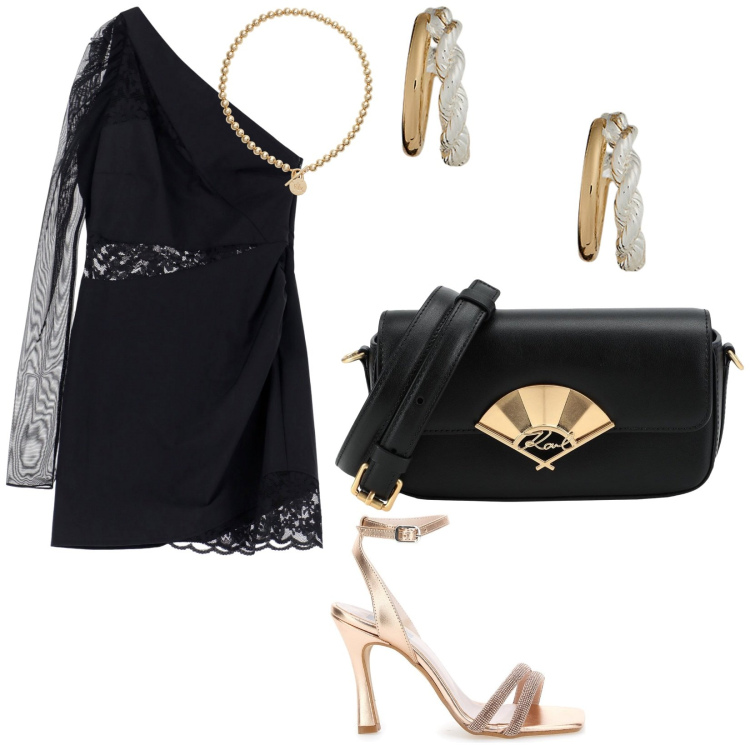 Outfit donna - Una bella serata. per Serata fuori. Abbinamento con borse a tracolla, vestiti asimmetrici, collane, orecchini, sandali col tacco.