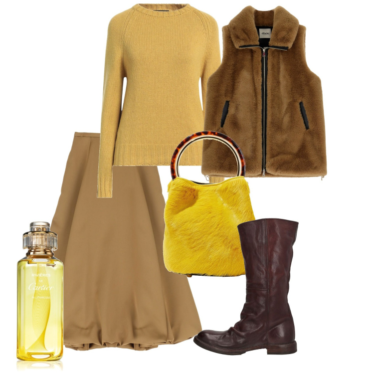 Outfit donna - Febbraio. Stile Chic per Tutti i giorni. Abbinamento con stivali, borse a mano, pullovers, profumi, gonne longuette, gilet.