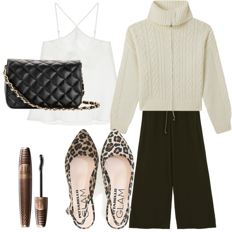 Outfit donna - Animalier glam. Stile Casual per Ufficio. Abbinamento con borse a tracolla, mascara, cardigans, pantaloni a palazzo, top, ballerine.