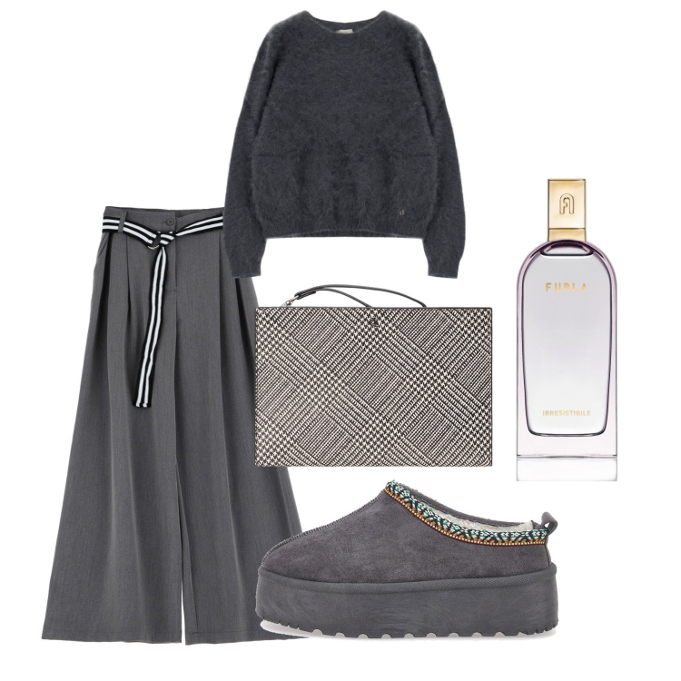 Outfit donna - Febbraio. Stile Bon Ton per Tutti i giorni. Abbinamento con profumi, pantaloni a palazzo, pullovers, pochette, pantofole.