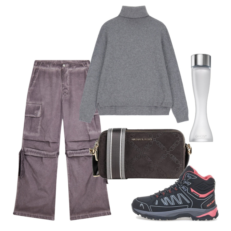 Outfit donna - Febbraio. Stile Basic per Tutti i giorni. Abbinamento con borse a tracolla, profumi, maglieria, pantaloni cargo, stivaletti.