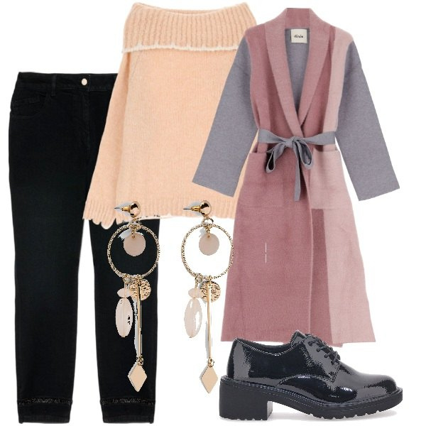 Outfit donna - Aperitivo veloce. Stile Casual chic per Tutti i giorni. Abbinamento con orecchini, maglieria, cappotti, scarpe stringate, jeans skinny.