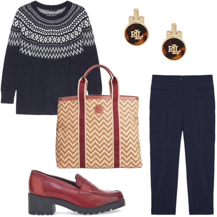 Outfit donna - Stringate con tacco. Stile Bon Ton per Ufficio. Abbinamento con borse a mano, orecchini, mocassini, pantaloni, maglieria.