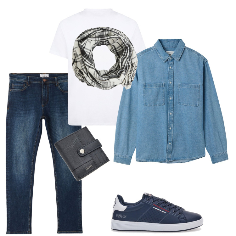 Outfit uomo - Tutto denim. Stile Urban per Tutti i giorni. Abbinamento con jeans skinny, camicie, sciarpe, sneakers, portafogli, t-shirt.
