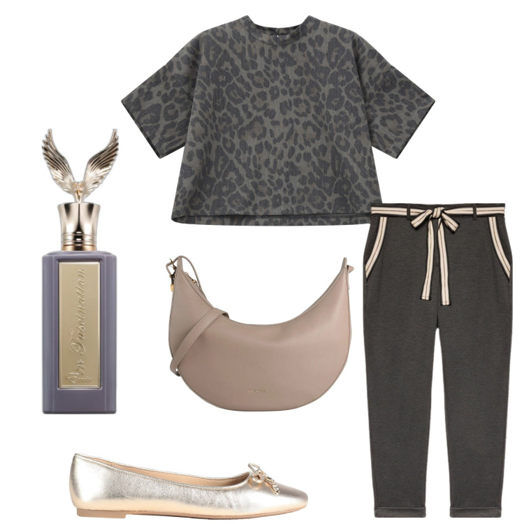 Outfit donna - Ballerine dorate. Stile Minimal per Tutti i giorni. Abbinamento con borse a tracolla, ballerine, profumi, t-shirt, pantaloni chino.