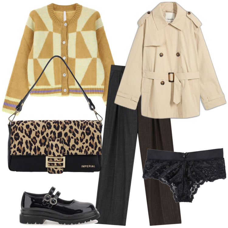 Outfit donna - Total look. Stile Urban per Ufficio. Abbinamento con culotte, trench, pantaloni, borse a spalla, cardigans, mocassini.