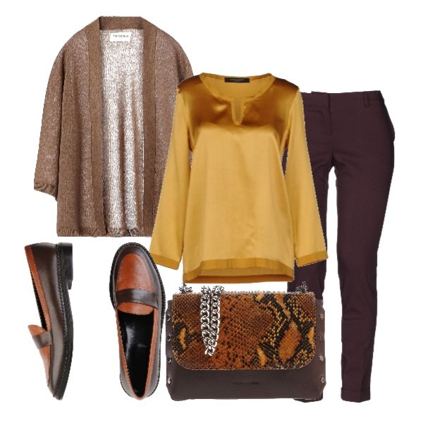 Outfit donna - La borsa animalier. Stile Basic per Tutti i giorni. Abbinamento con blusa collo a v a maniche lunghe in raso tinta unita, borsa a tracolla mini con stampa interno foderato in pelle fondo con piedini, pantalone vita bassa con zip tinta unita, mocassini in pelle, giacchetto collo aperto.